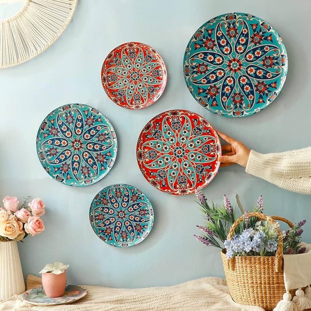 Home Decorative Metal Wall Plates Set for Living Room | Ethnic & Floral Printed Wall Art Plates | Home Wall Décor for Bedroom, Hallway & Office| Home Decor Gift Items Set of 5 (Turkish)