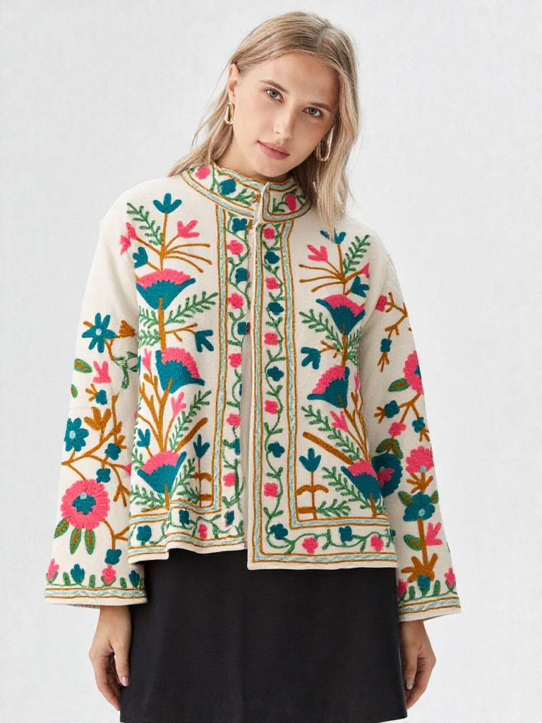 Handmade Floral Threadwork Jacket – Festive & Casual Wear