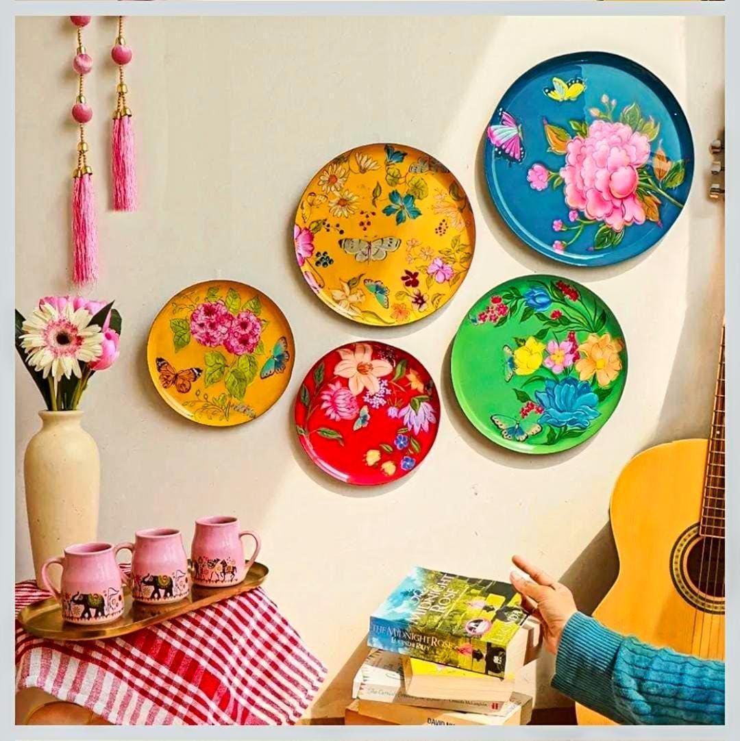 Home Decorative Plates Set of 5 Decorative Wall Plates for Living Room | Vintage Bird & Floral Art Wall Plate Sculpture | Round Hanging Wall Decor Home, Bedroom, Hallway | Indian Art Metal Wall Decoration (Pushpam)