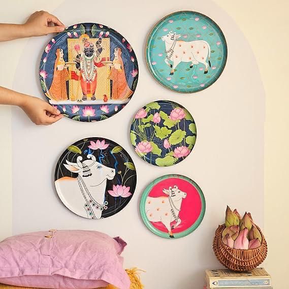 Home Decoration Set of 5 Wall Plates | Wall Decor Items for Living Room Hall & Office | Wall Hanging Plates for Gifting (Pichwai)