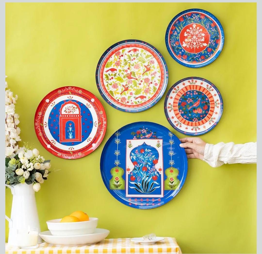 Home Decorative Metal Wall Plates Set for Living Room | Ethnic & Floral Printed Wall Art Plates | Home Wall Décor for Bedroom, Hallway & Office| Home Decor Gift Items Set of 5 (Indigo Jaipur)