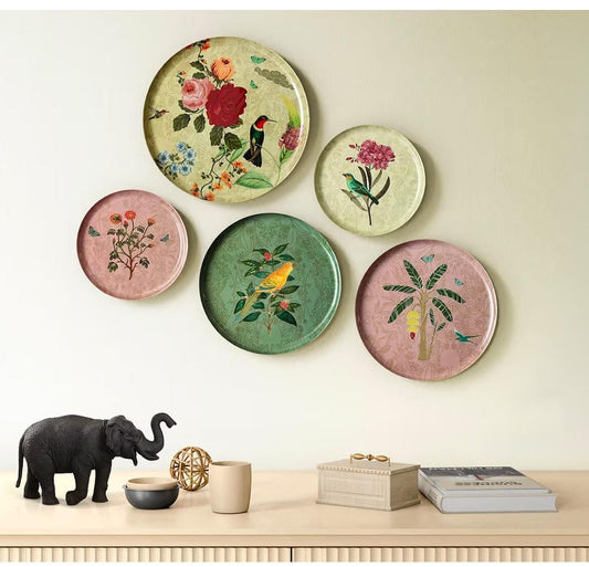 HomeDecorative Plates Set of 5 Decorative Wall Plates for Living Room | Vintage Bird & Floral Art Wall Plate Sculpture | Round Hanging Wall Decor Home, Bedroom, Hallway | Indian Art Metal Wall Decoration (Gardens of Eden)