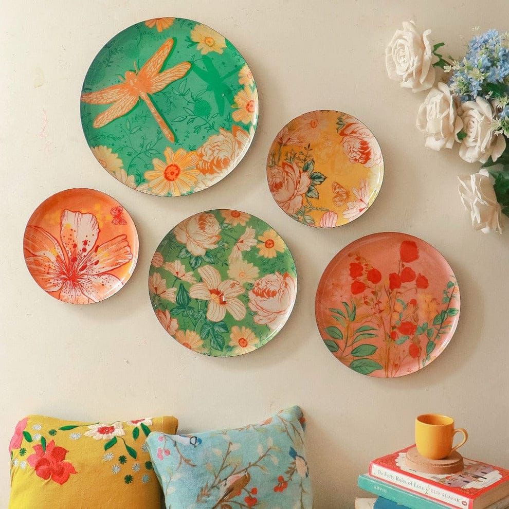 Home Decor Pastel Blooms Wall Plate for home decor | Metal Iron wall decor items for living room | gifts for family & freind | home decor and house warming gift items | wall art & showpiece| Set of 5