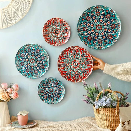 Home Decorative Metal Wall Plates Set for Living Room | Ethnic & Floral Printed Wall Art Plates | Home Wall Décor for Bedroom, Hallway & Office| Home Decor Gift Items Set of 5 (Turkish)