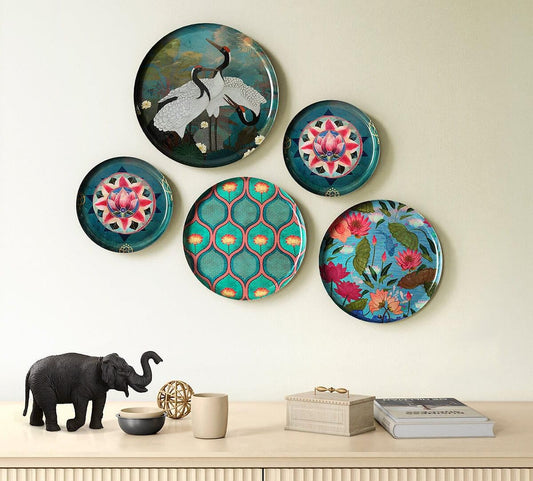 Home Decorative Plates Set of 5 Decorative Wall Plates for Living Room | Vintage Bird & Floral Art Wall Plate Sculpture | Round Hanging Wall Decor Home, Bedroom, Hallway | Indian Art Metal Wall Decoration (Sarus in Lake)