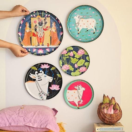 Home Decoration Set of 5 Wall Plates | Wall Decor Items for Living Room Hall & Office | Wall Hanging Plates for Gifting (Pichwai)