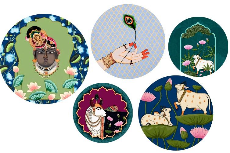 Home Decoration Set of 5 Wall Plates | Wall Decor Items for Living Room Hall & Office | Wall Hanging Plates for Gifting (Pichwai)